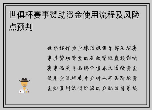 世俱杯赛事赞助资金使用流程及风险点预判